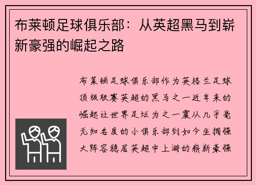布莱顿足球俱乐部：从英超黑马到崭新豪强的崛起之路