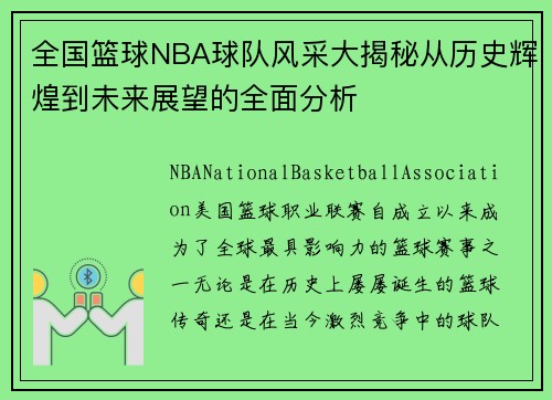 全国篮球NBA球队风采大揭秘从历史辉煌到未来展望的全面分析