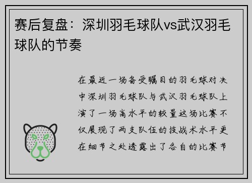 赛后复盘：深圳羽毛球队vs武汉羽毛球队的节奏