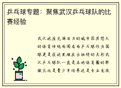 乒乓球专题：聚焦武汉乒乓球队的比赛经验